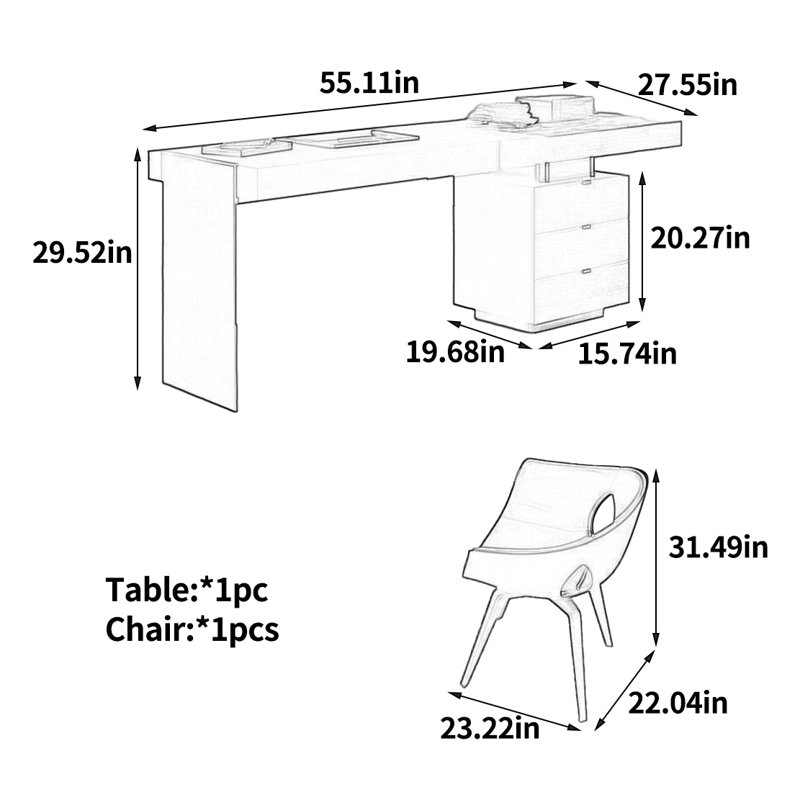 Bureau de designer haut de gamme, H 29,52 po x l 55,11 po x P 27,55 po
