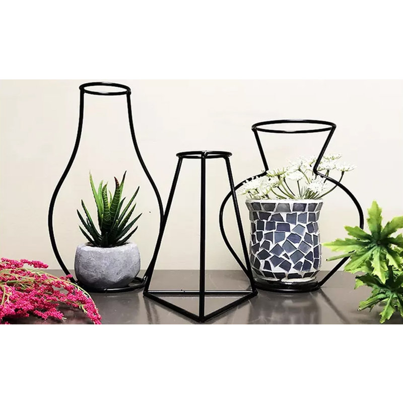 Support pour plante en métal Creative Art Style Retro Iron Line Flowers - Ensemble de 3 designs différents
