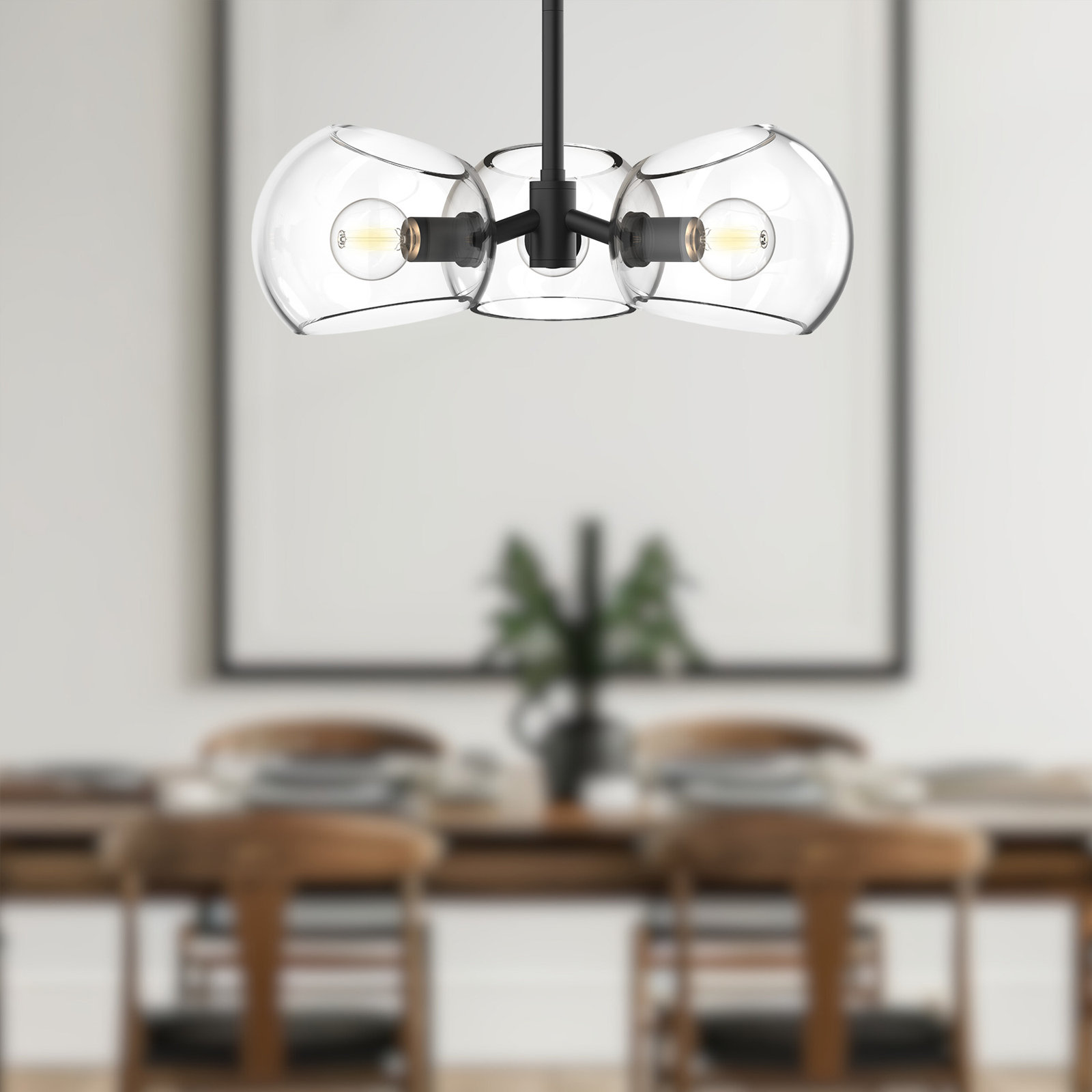 Willow 3 Light Glass Pendant, Matte Black, Clear