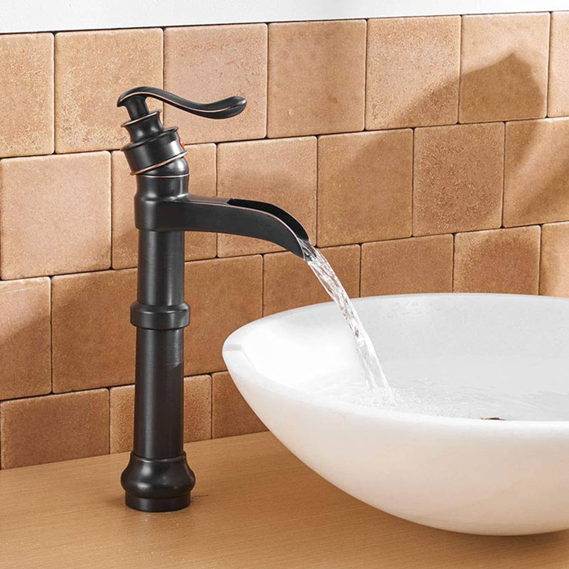 Robinet de vasque de salle de bain à poignée simple avec robinet cascade en laiton, Noir