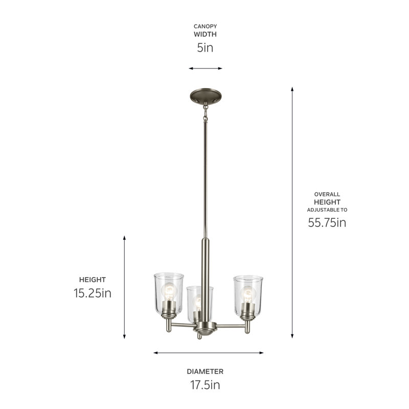 Mini-lustre 3 lumières 15,25 "avec verre transparent, Nickel brossé