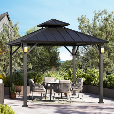 Rowan 10' X 10' Double  Hard Top Outdoor Patio Gazebo With Solar Self Powered LED Lights Per Post, Pavillian Roof