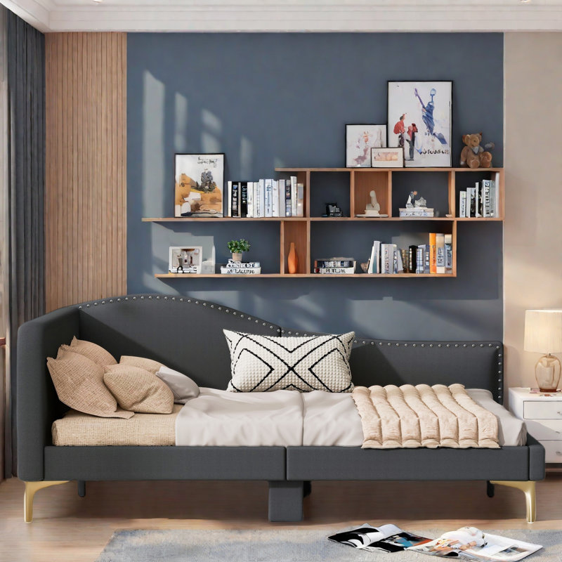 Upholstered Daybed With Headboard And Armrest, Gray, Full/Double