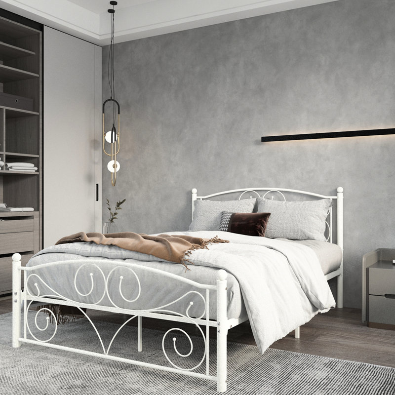 Cadre de lit blanc en métal pleine grandeur avec système de fleurs unique, tête de lit et s'adapte à tous les types de matelas, assemblage facile de la taille, grande capacité de charge, aucun sommier nécessaire