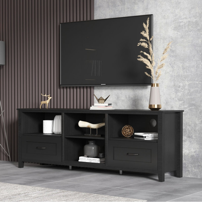 Meuble télé avec 2 tiroirs et 4 compartiments de rangement grande capacité, foyer non inclus, Noir, noir, noir, noir