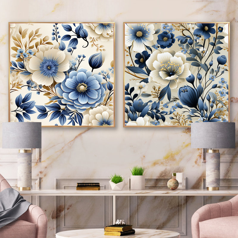 Chatsworth - Ensemble de 2 collages carrés floraux, H 16 po x l 33 po, Cadre flottant doré