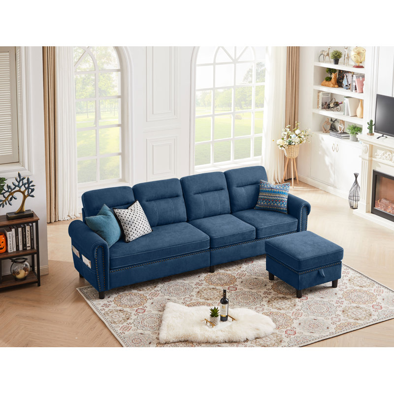 Canapé modulaire réversible en L de 106,69 po à 4 places avec sacs de rangement latéraux Gallott, 100 % coton bleu
