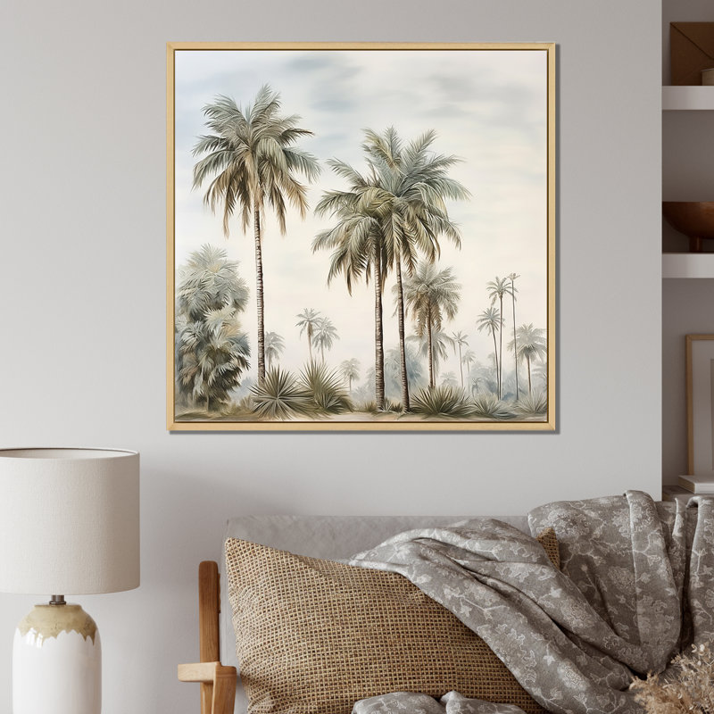 Palmiers sur la plage, impression sur toile, Cadre naturel flottant, H 16 po x l 16 po x P 1 po