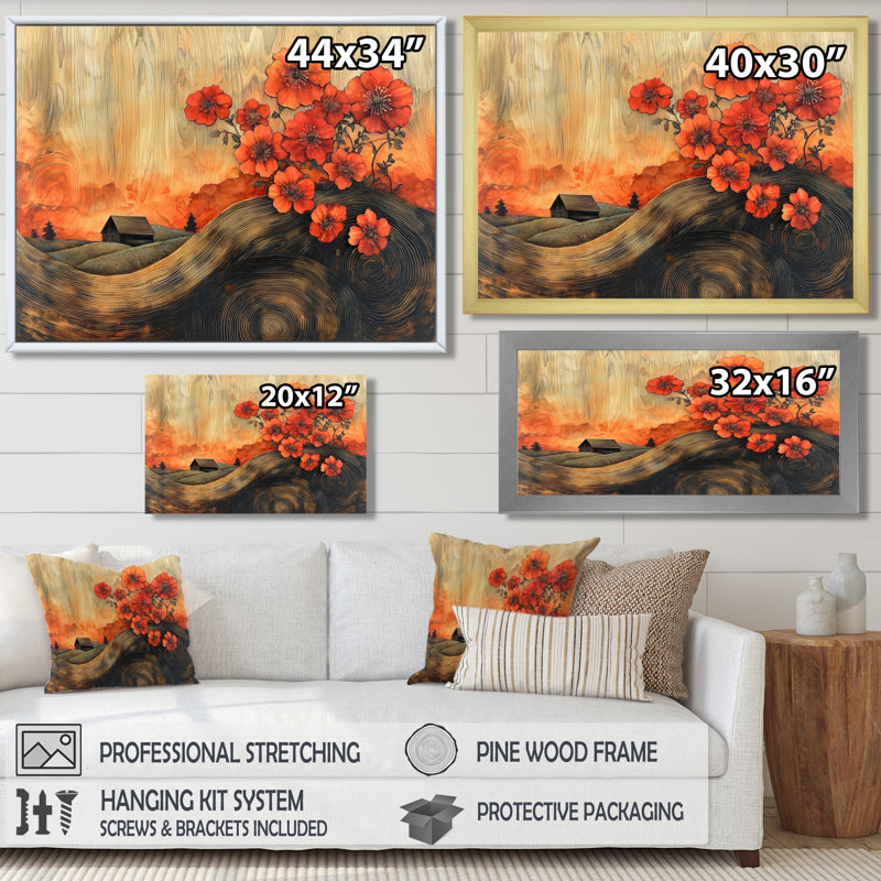 «Geraniums Flowers At Barn Landscape III - Geraniums», art mural, H 12 po x l 20 po, Cadre flottant, Doré