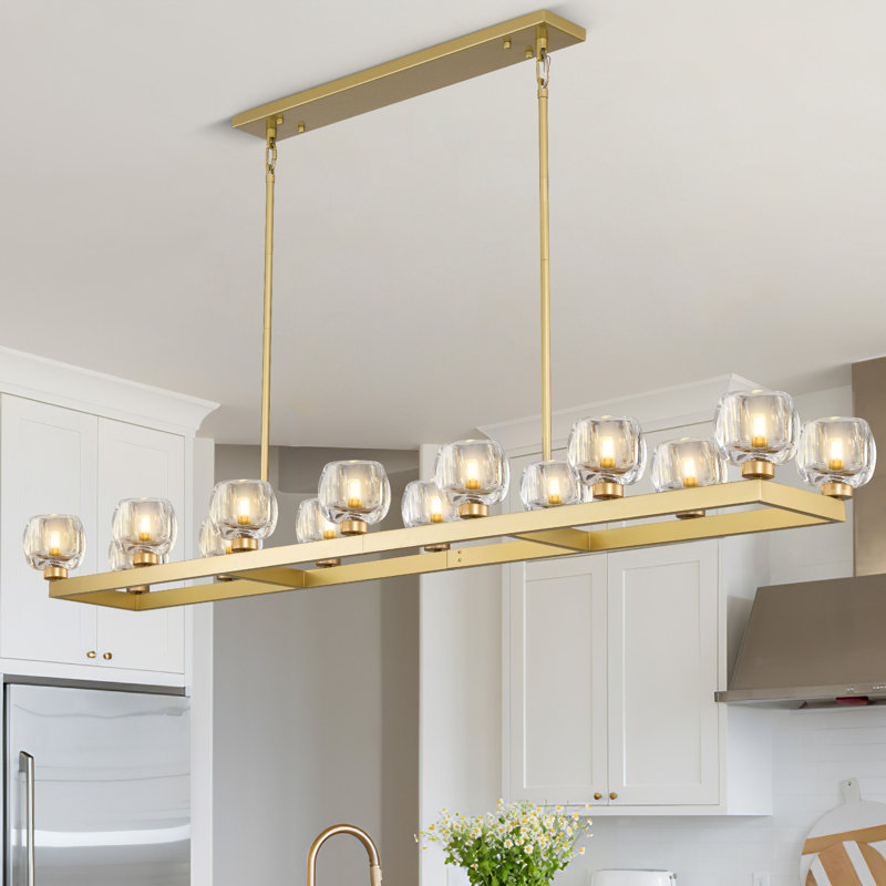 Lustre carré / rectangulaire 12/14 lumières 59 "/ 72" avec abat-jour en verre, Laiton, H 6,4 po x l 72 po x P 13 po