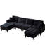Canapé modulaire en velours côtelé noir de style salon de 122,5 po avec 2 repose-pieds, coussins et pieds en plastique pour un look élégant-1407102787-1407102844