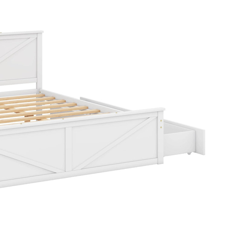 Lit plateforme en bois avec tiroirs, Blanc, Très grand lit