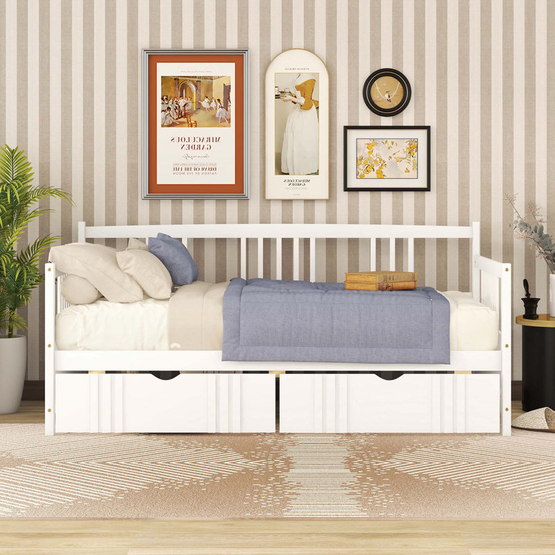 Lit de jour simple en bois avec deux tiroirs, Lit simple, Blanc