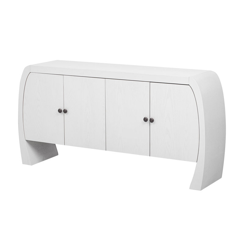 Four-Door Ash Veneer Storage Cabinet with Curved Legs – Hallway, Entryway & Living Room Furniture,White, White