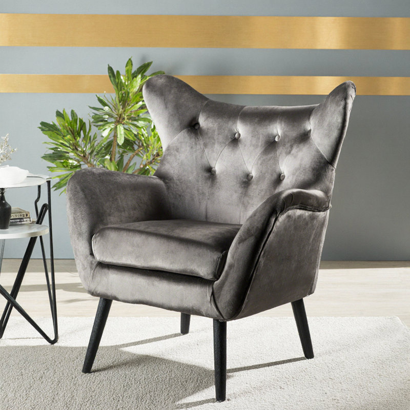 Fauteuil à oreilles gris en velours - Chaise d'appoint capitonnée Mid-Century moderne avec structure en chêne, Gris
