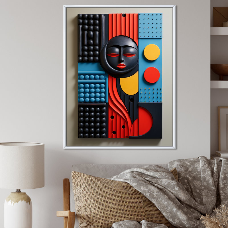 Décoration murale géométrique rétro en jaune et rouge, H 32 po x l 24 po x P 1 po, Cadre flottant blanc