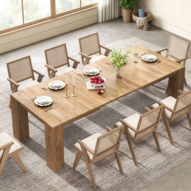 Table de salle à manger extensible pour 4 à 10 personnes, style ferme moderne

Table de salle à manger rectangulaire extensible de 140 à 220 cm avec 2 rallonges, table transformable pour salon, chêne naturel brun