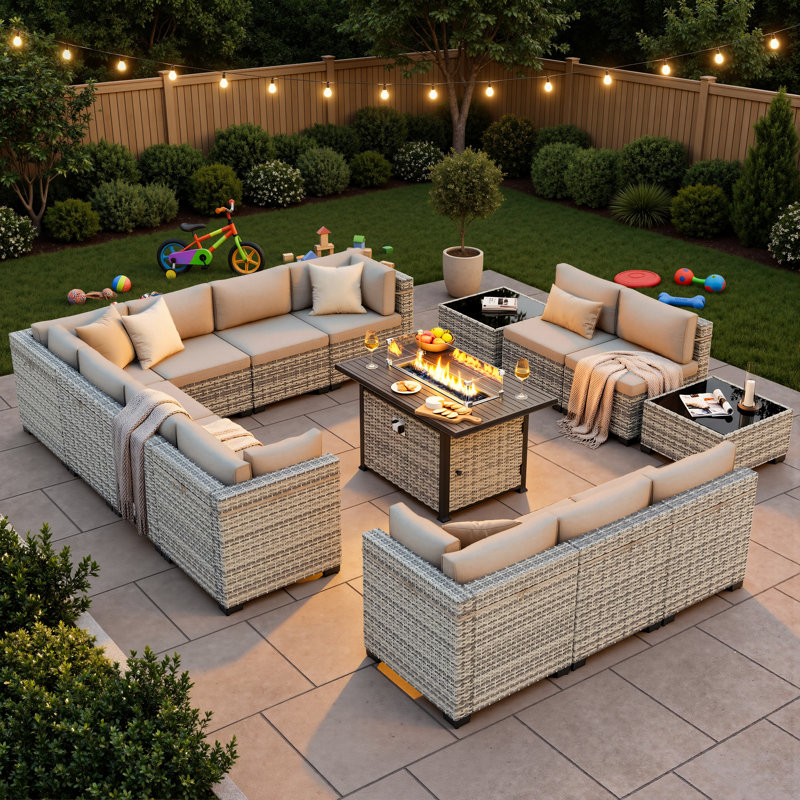 Ensemble de mobilier d'extérieur modulaire 15 pièces avec table de foyer d'extérieur 55 000 BTU et siège modulaire en osier