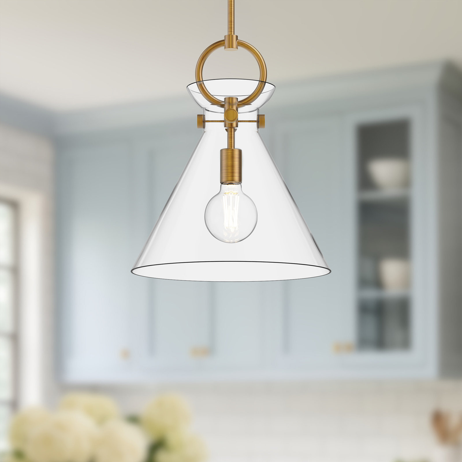 Tiney Single Light Glass Steel Pendant, Aged Gold/Clear, 17" H x 14" W x 14" D