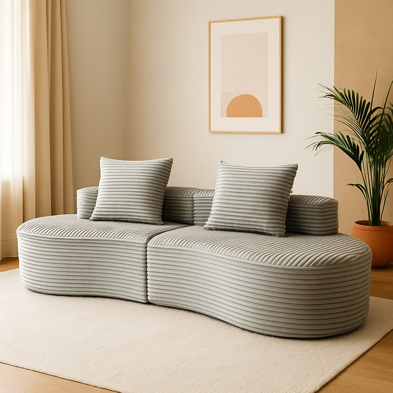 Siège à 2 places comprimé gris fumée avec tissu en velours côtelé doux, design moderne, all look, sans assemblage, rembourrage en mousse et coussins décoratifs pour relaxer Moon Bay en gris, velours côtelé luxueux, apparence, style