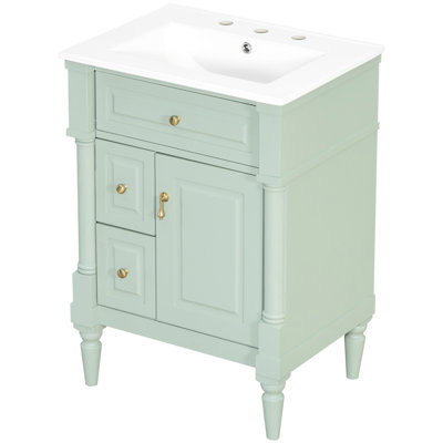 Meuble-lavabo de salle de bain de 61 cm (24 po) avec finition, cadre en bois d'hévéa massif et conception de rangement intelligente, autoportant - Lavabo en céramique, tiroirs, construction