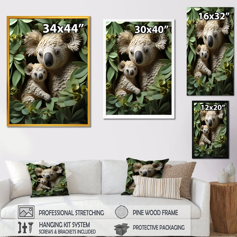 Cuddly Koala Family - Koala Animal, art mural, H 40 po x l 30 po x P 1,5 po, Cadre simple blanc