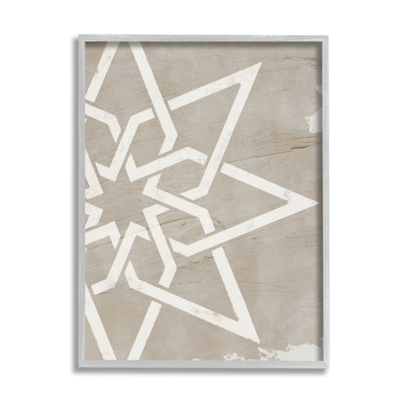 " Geometric Eight Point Star Distressed Grain Detail " Acrylic Painting, 14" H x 11" W, Farmhouse Gray Framed Giclee