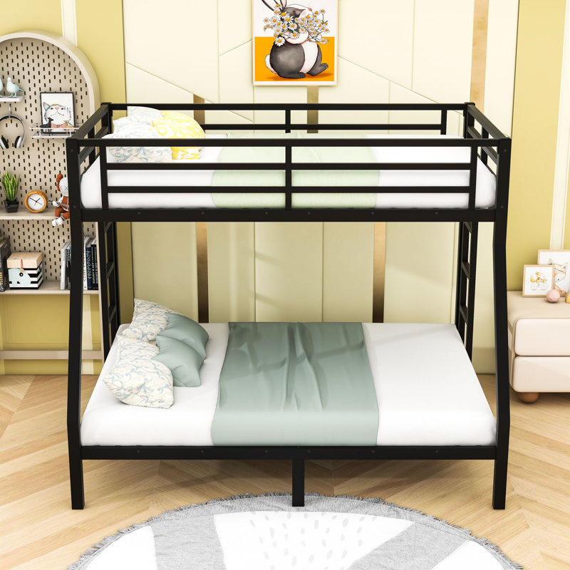 Metal Twin Over Full Bunk Bed With Slats And Ladder, Black, Twin over Full