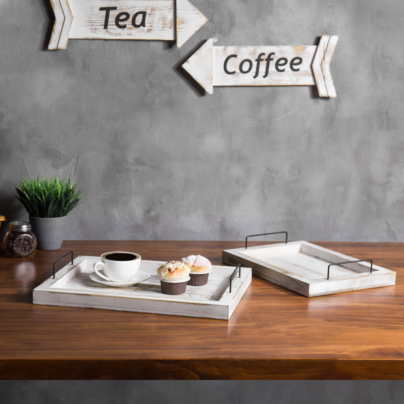 2 Piece Ottoman/Coffee Table Serving Tray Set, White