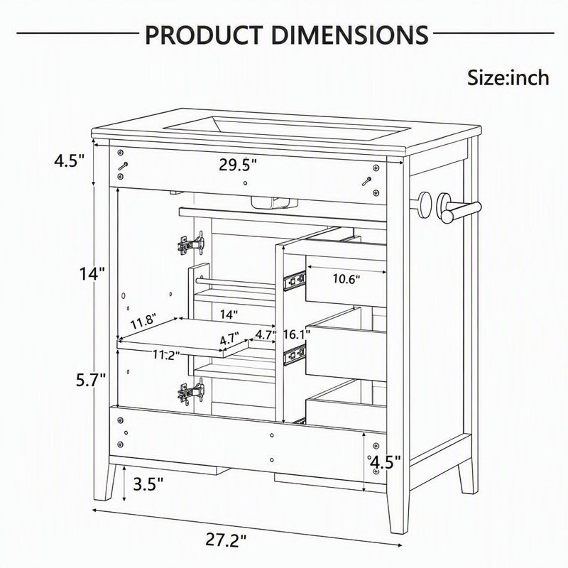 Meuble-lavabo autoportant de style campagnard de 76 cm avec lavabo en céramique, 3 tiroirs, rangement inclinable et porte-serviettes réversible