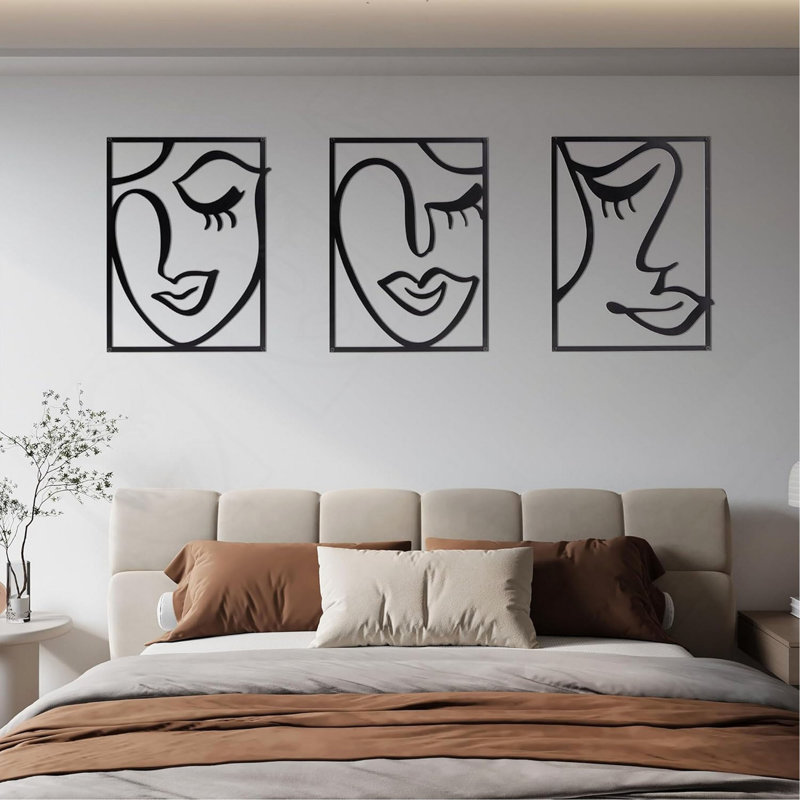3 Piece Set Wall Decor, Face Line Drawing Abstract Design, Black Rectangular Metal Frame