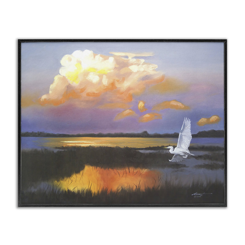 «Egret Over Cloudy Reflection», estampe numérique par D. Rust, H 24 po x l 30 po, Giclée encadrée noir minuit