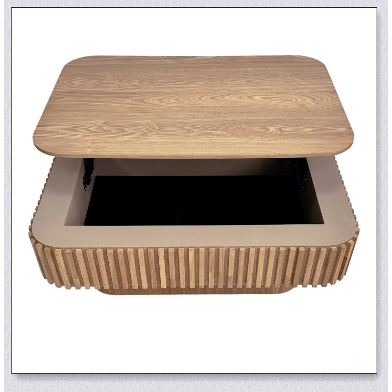 Table basse à plateau relevable cannelé de 38,6 po avec rangement et hauteur réglable, table d'appoint moderne en placage de bois massif pour salon, chambre à coucher, appartement ou bureau