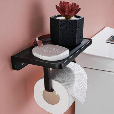 Porte-papier hygiénique noir mat avec tablette - Porte-papier hygiénique mural antirouille, conception en métal massif avec crochet amovible pour un décor de salle de bain moderne