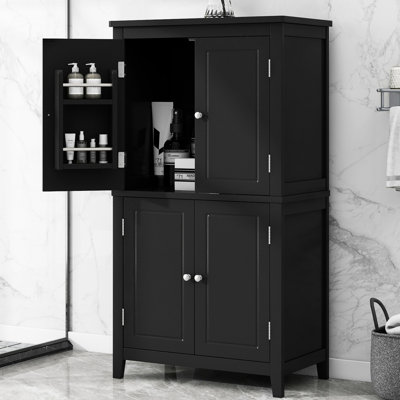 Tall 4-Door Cabinet For Bathroom - Black Adjustable Shelves Shelf 4 Doors Storage
