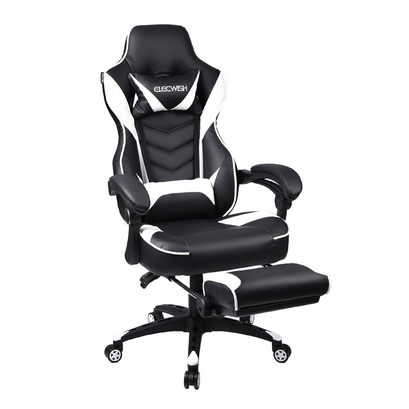 RAYS Reclining Ergonomic Faux Leather Swiveling PC & Racing Game Chair with Footrest, White