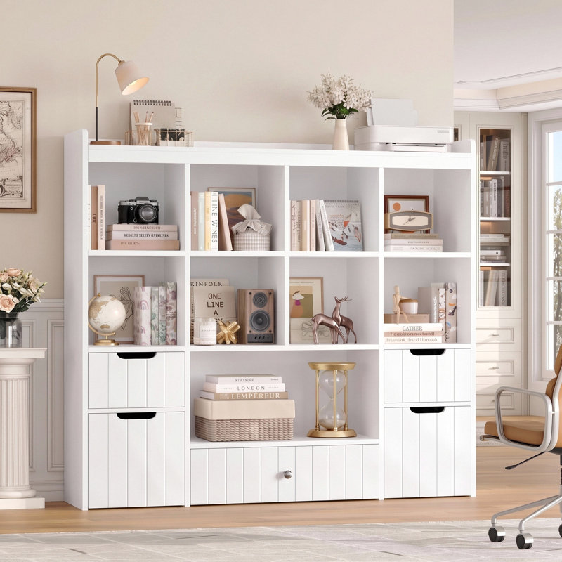 48"W Wood Storage Bookcase With 5 File Drawers, White, White