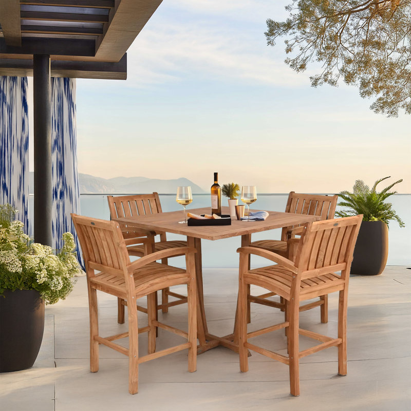 Teak Wood Bistro Bar Set Including 35" Square Miami Bar Table And Abacho Barstools With Arms, 4
