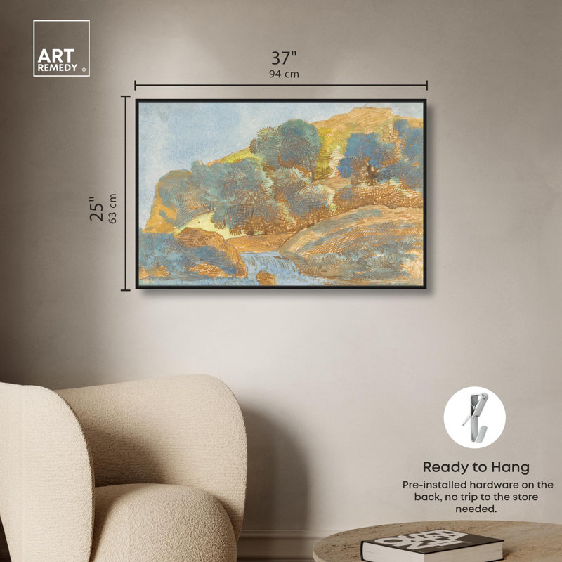 «Hilly Landscape with a Stream», impressionisme sur toile par Art Remedy, H 11 po x l 16 po, Cadre noir