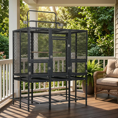 65"H Metal Parrot Flight Bird Cage With Playtop, Feeding Cups & Perches For Multiple Birds