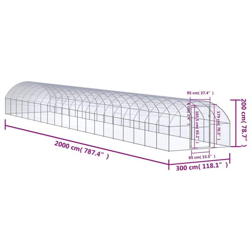 Cage à poulet résistante aux intempéries, H 78,7 po x l 118,1 po x L 787,4 po, Argent