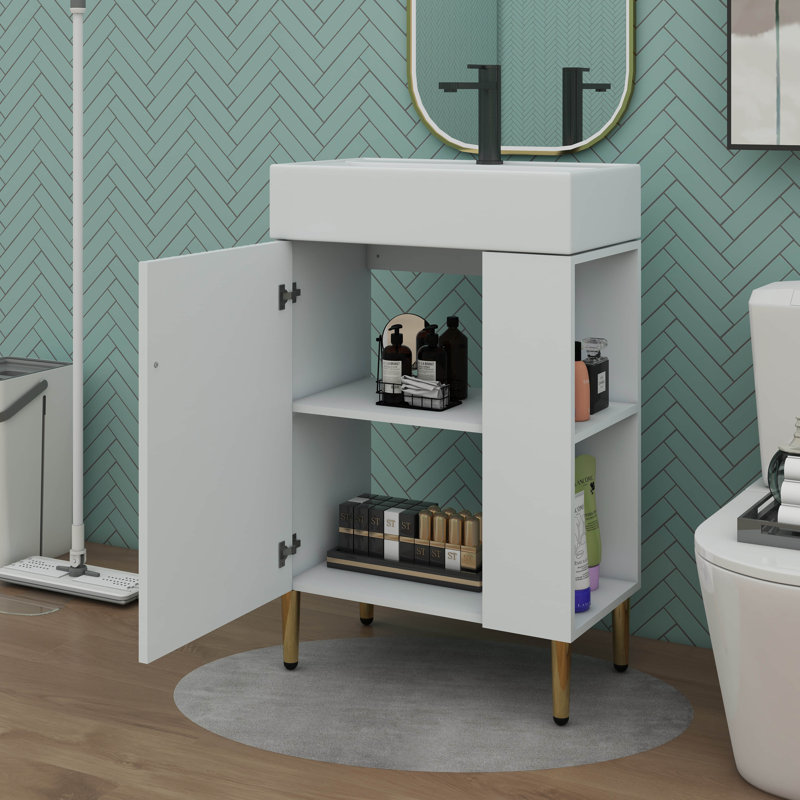 Ensemble de meuble-lavabo autoportant 21,6 pouces avec rangement à droite et pieds en métal, Blanc