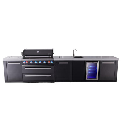 Mont Alpi Mai805-bssbev-exc 6-burner 115000 Btu Black Stainless Steel Island Outdoor Kitchen Bbq Gas Grill + Beverage Center Faucet & Sink + Granite Countertops + 25" Right Extra Storage Cabinet