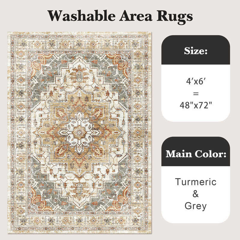Malila Machine Washable Non-Slip Area Rug, Rectangle 4' x 6', Orange/Gray