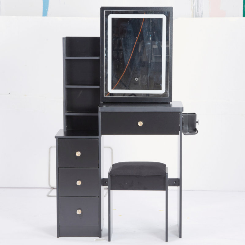 Small Size Left Drawer Desktop Vanity Table + Cushioned Stool, 2 AC+2 USB Power Station, Hair Dryer Bracket, Extra Large Touch Control Sliding LED Mirror, Tri-Color Switching, EPA,GCC,UL Certificate
