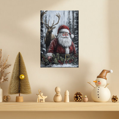 Abiel – Santa Claus and Reindeer Winter Scene Painting, Festive Holiday Canvas Prints, Classic Farmhouse Wall Decor, Ready to Hang Poster Artwork for Christmas Home Decorations, 12×16 Inches