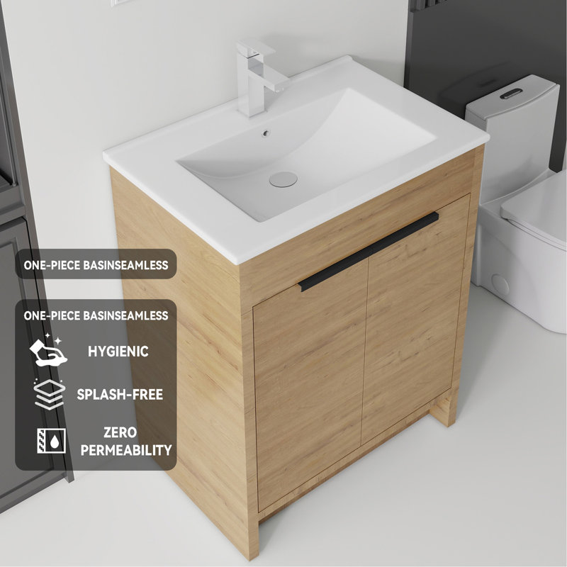 Meuble-lavabo autoportant de 30 po avec lavabo, tiroir en céramique, contreplaqué, chêne, Chêne, L 30 po