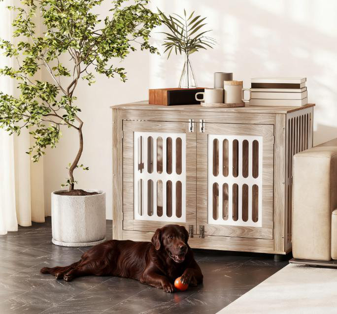 Mobilier de caisse pour chien de 39 pouces, table de bout avec 2 portes, tapis antidérapant réglable, chiens de taille moyenne à grande, brun noyer