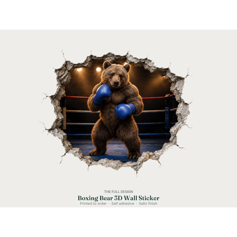 Boxing Bear 3D Wall Sticker, Peel and Stick Self Adhesive Wall Decal for Kids Room, Nursery and Playroom Decor, Satin Finish Illusion Wall Art, 24"W x 16"H (61 x 41 cm)
