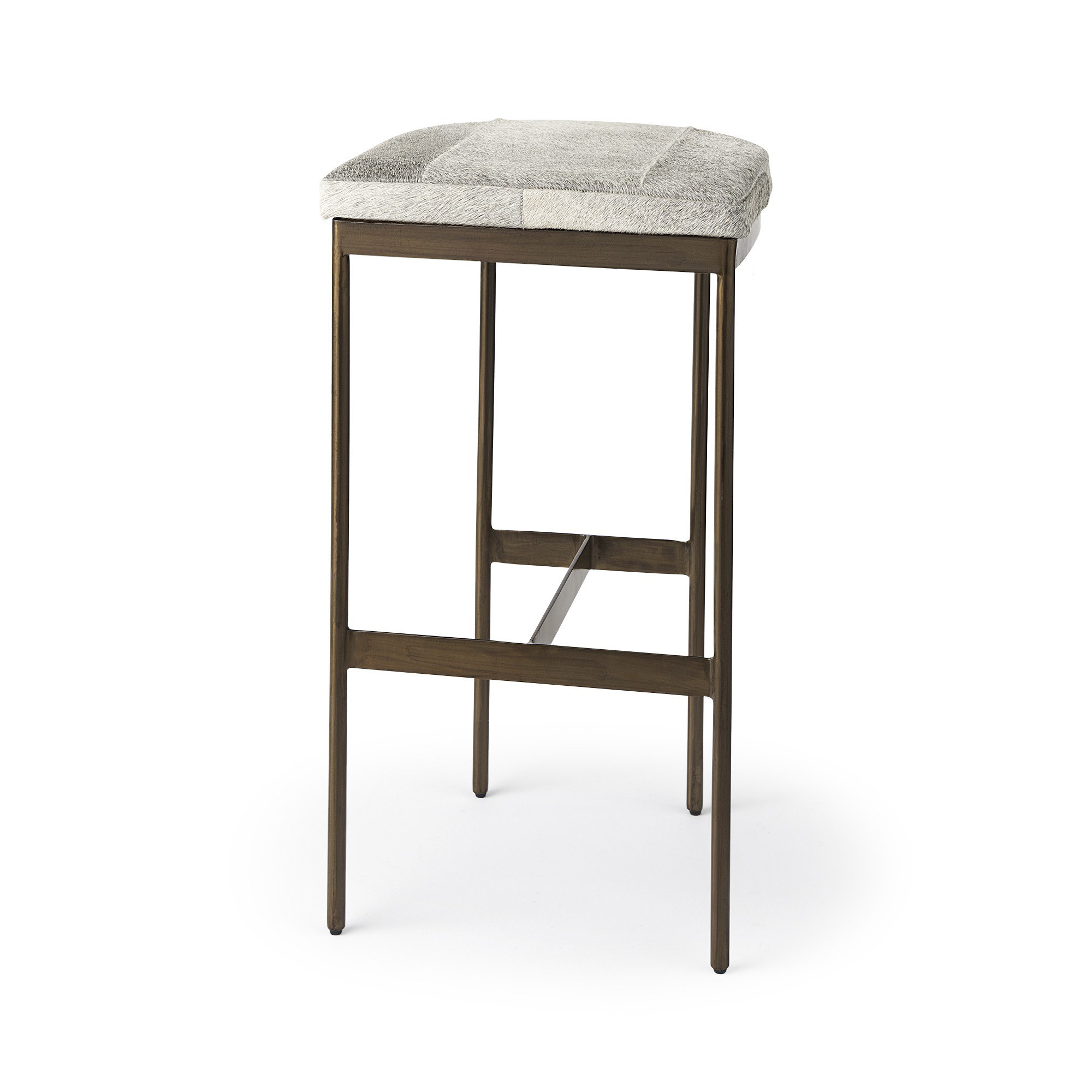 Adela Bar & Counter Stool, Bar Stool (30” Seat Height), Brass, Cowhide Gray